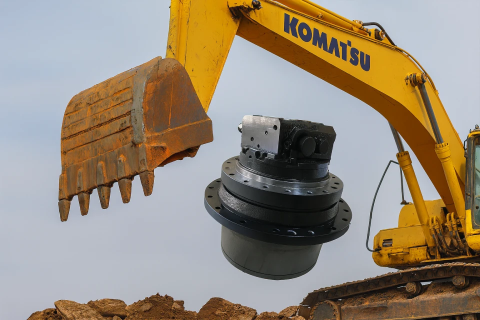 komatsu excavator travel motor close up view on track assembly