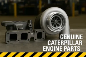 Genuine Caterpillar engine parts turbocharger and cylinder head on workshop table