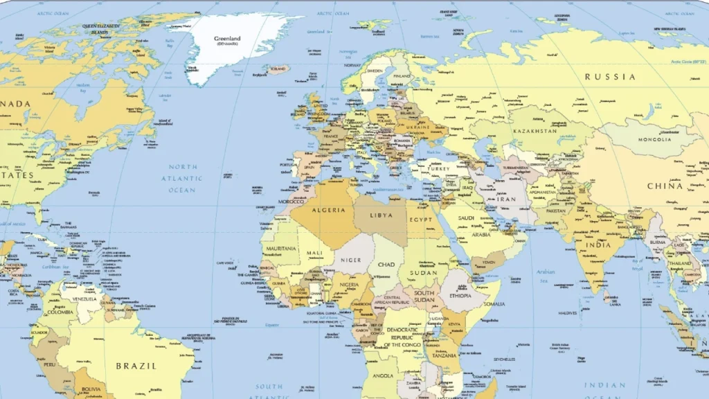 World map highlighting Jinan Ruipo’s key markets in Mongolia, Russia, Africa, and the Middle East for genuine Caterpillar, Perkins, Komatsu, and Volvo parts.